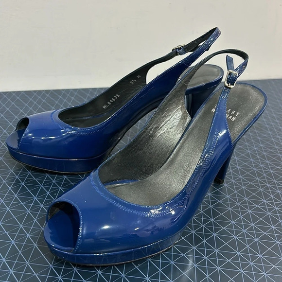 Stuart Weitzman Peep Toe asking Back Leather Pump  Blue - Picture 4 of 9